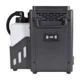 Side view of QTX VertiBox vertical LED fog machine showing matte black casing, folding handle, remote sensor and side-mounted fluid tank.