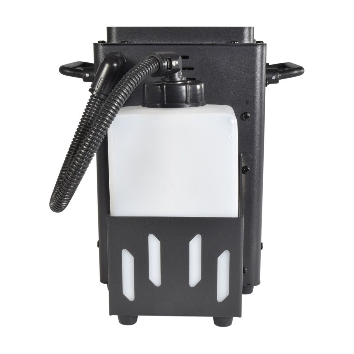 Side view of the QTX VertiBox compact vertical LED fog machine by AVSL, showing the removable white 1.2 litre fluid tank, ribbed hose and folding carry handles.