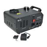 QTX FLARE-1000 vertical LED fog machine in black metal housing with top nozzle, control panel, DMX ports, plus RF remote and power adapter.