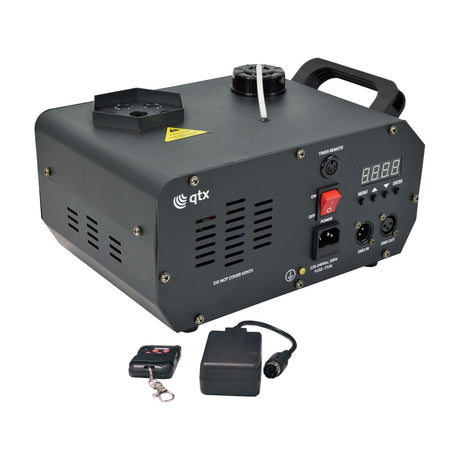 QTX FLARE-1000 vertical LED fog machine in black metal housing with top nozzle, control panel, DMX ports, plus RF remote and power adapter.
