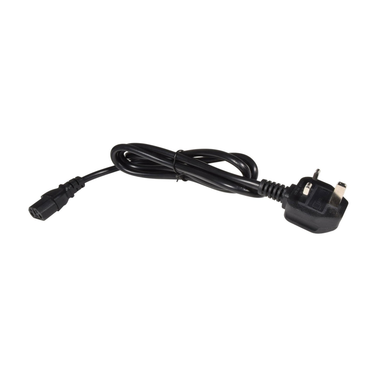 Black UK three-pin mains power cable with IEC connector, coiled on a plain white background, supplied with the QTX FLARE-1000 fog machine by AVSL.