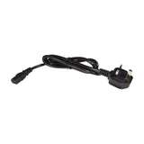 Black UK three-pin mains power cable with IEC connector, coiled on a plain white background, supplied with the QTX FLARE-1000 fog machine by AVSL.