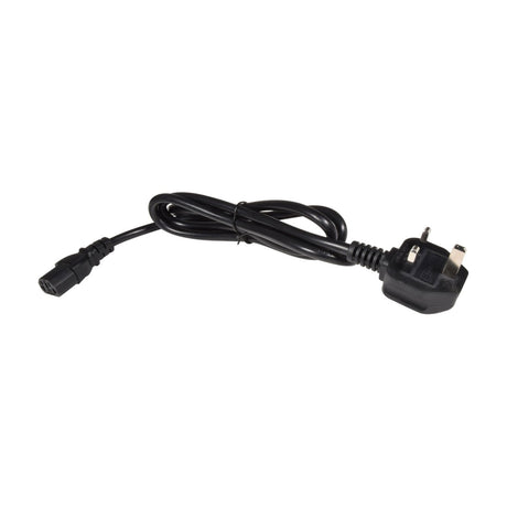 Black UK three-pin mains power cable with IEC connector, coiled on a plain white background, supplied with the QTX FLARE-1000 fog machine by AVSL.