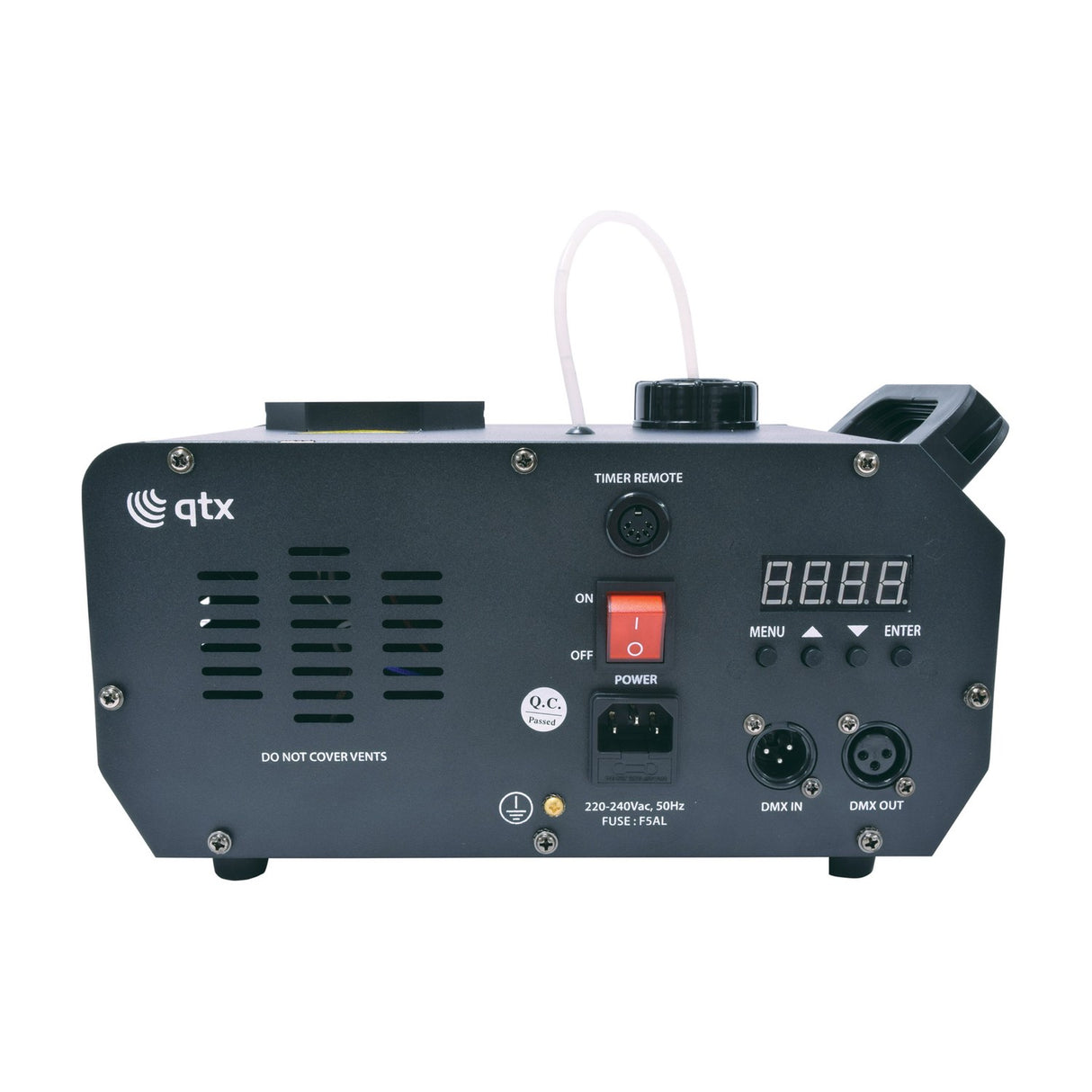 Rear view of the QTX FLARE-1000 vertical fog machine in black metal, showing power switch, IEC inlet, digital display, menu buttons and DMX in/out ports.