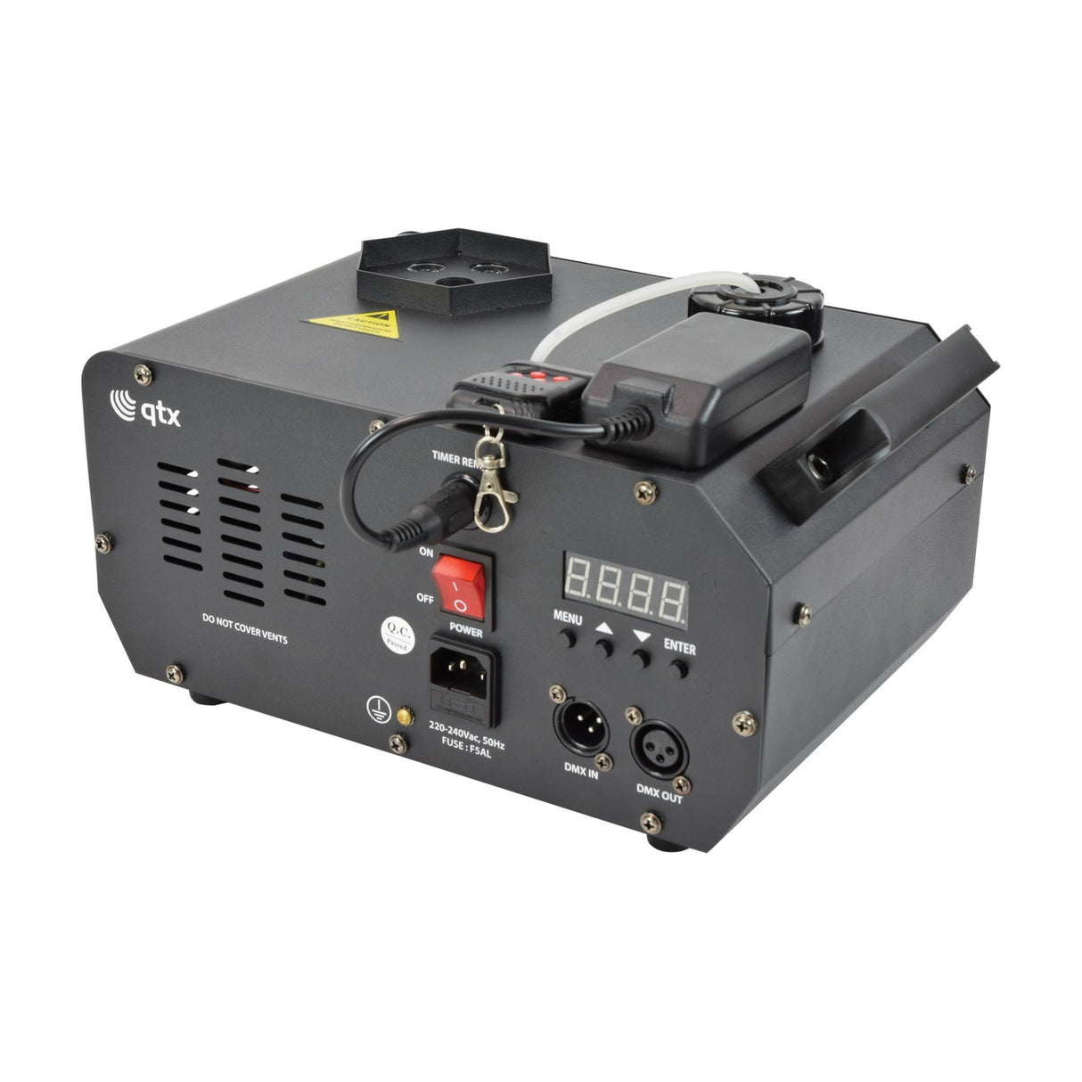 QTX FLARE-1000 vertical LED fog machine in black metal housing, rear view showing power switch, IEC inlet, DMX in/out ports, menu controls and display.