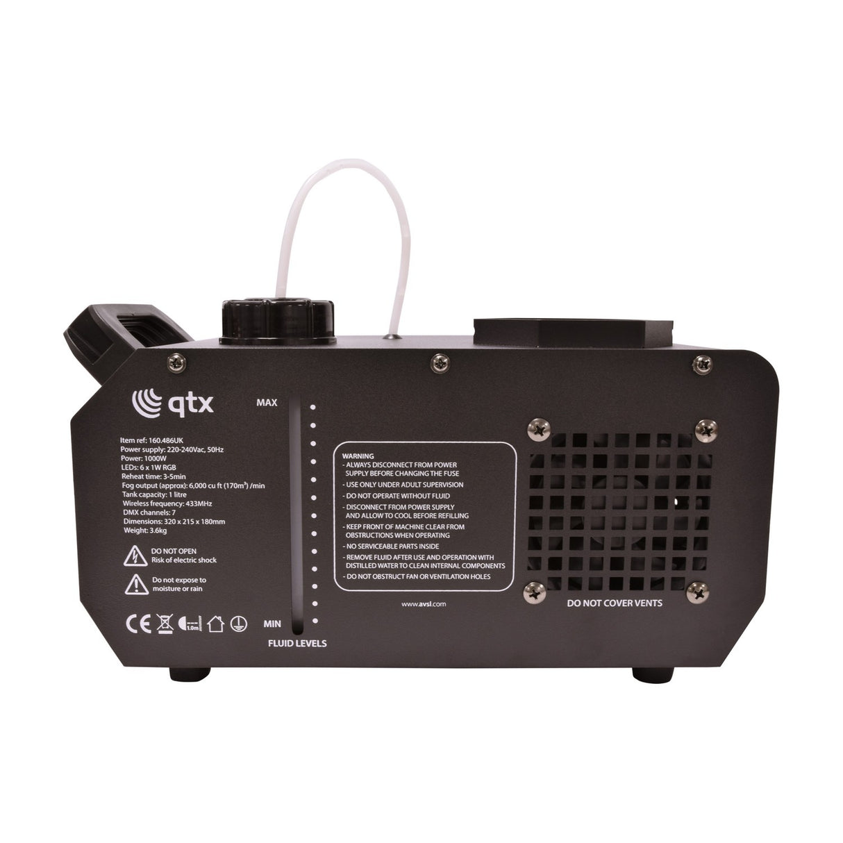 Side view of the QTX FLARE-1000 vertical fog machine in black metal housing, showing fluid level gauge, specification label, vent grille and fill cap.