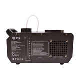 Side view of the QTX FLARE-1000 vertical fog machine in black metal housing, showing fluid level gauge, specification label, vent grille and fill cap.