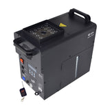 QTX Harrier-1500 LED fog jet machine in matte black with top-mounted LED array, carry handles, control panel, DMX ports and wireless remote.