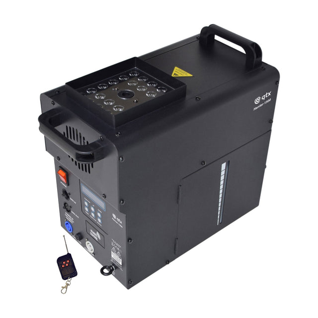 QTX Harrier-1500 LED fog jet machine in matte black with top-mounted LED array, carry handles, control panel, DMX ports and wireless remote.