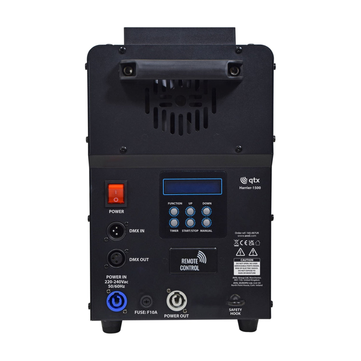 Rear panel of the AVSL QTX Harrier-1500 fog machine showing power switch, DMX in/out, LCD control panel, power in/out and carry handle.