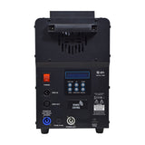 Rear panel of the AVSL QTX Harrier-1500 fog machine showing power switch, DMX in/out, LCD control panel, power in/out and carry handle.