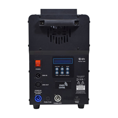 Rear panel of the AVSL QTX Harrier-1500 fog machine showing power switch, DMX in/out, LCD control panel, power in/out and carry handle.