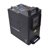 QTX Harrier-1500 LED fog jet machine in matte black with top control panel, LCD display, power switch, DMX ports, carry handles and LED array.