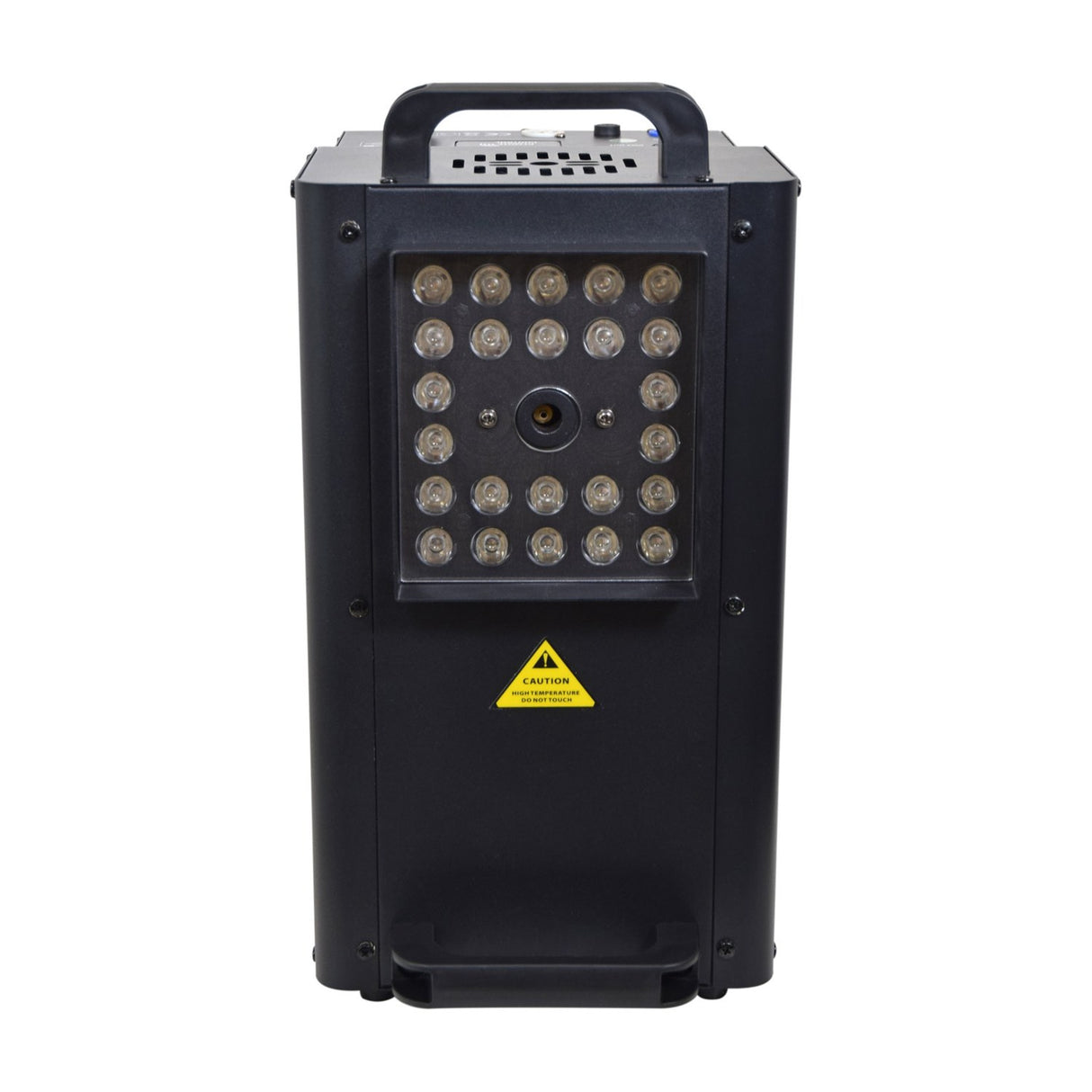 QTX Harrier-1500 LED fog jet machine by AVSL, front view showing 24 LEDs in a square array, caution label, and matte black upright casing on white.