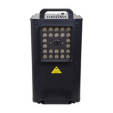 QTX Harrier-1500 LED fog jet machine by AVSL, front view showing 24 LEDs in a square array, caution label, and matte black upright casing on white.