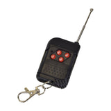 QTX Harrier-1500 keyfob-style RF wireless remote with four numbered red buttons, extended antenna and keyring clip, shown on a plain white background.