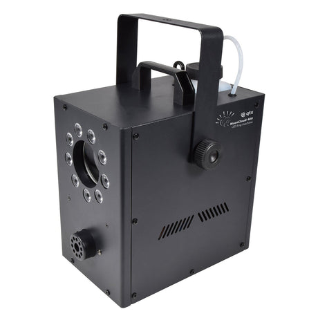 Introducing the QTX Compact LED Fog Machine With RGB Moonflower Effect - 400W, a sleek black unit designed with a top handle for easy portability and multiple front vents for efficient fog output. It boasts vibrant RGB LEDs that create stunning visual effects, along with a convenient side control knob. A small transparent tube is connected at the top, making this an ideal portable solution for any event.