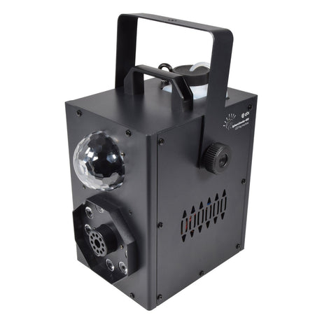 Introducing the QTX Compact LED Fog Machine With RGB Magic Ball Effect - 400W, a sleek black portable device equipped with a handle for easy transport. It features intuitive control knobs, vibrant RGB LEDs, and a unique spherical disco light on one side. Designed with ventilation slots and LED indicators, this machine is perfect for enhancing atmospheric effects at events or parties. Seamless operation is ensured with the included RF remote control.