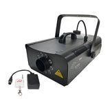 QTX HZ-1500 LED 1500W fog machine in matt black steel with nine front RGB LEDs around the nozzle, top carry handle, and wireless keyfob remote.
