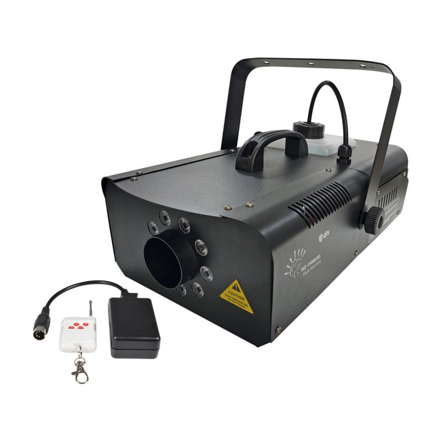 QTX HZ-1500 LED 1500W fog machine in matt black steel with nine front RGB LEDs around the nozzle, top carry handle, and wireless keyfob remote.