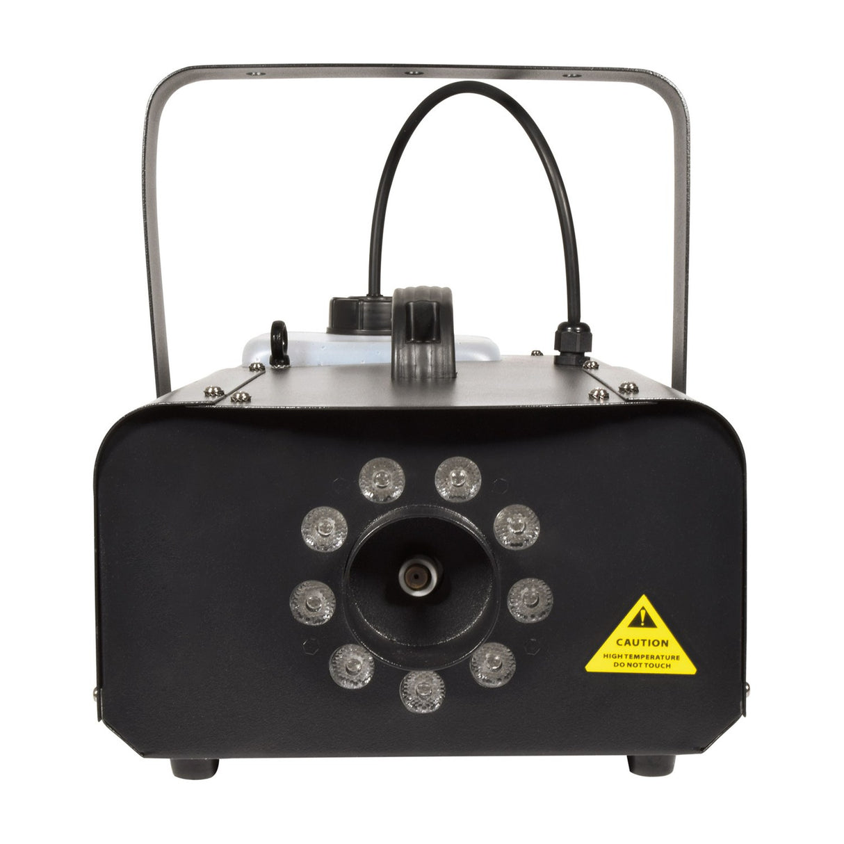QTX HZ-1500 LED fog machine by AVSL in matt black steel with nine circular RGB LEDs around the front nozzle and top carry handle.