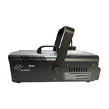 Side view of the QTX HZ-1500 LED 1500W fog machine in matt black steel with top carry handle, side fluid tank window and warning label, on a white background.