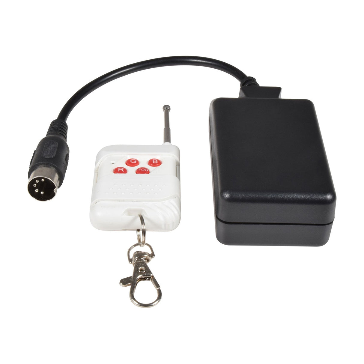 QTX HZ-1500 fog machine accessories with black DIN plug cable receiver and white RF keyfob remote featuring red R, G, B and Fog buttons.