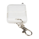 QTX HZ-1500 wireless RF keyfob remote in white plastic with metal keyring and lobster clip, shown on a plain white background.