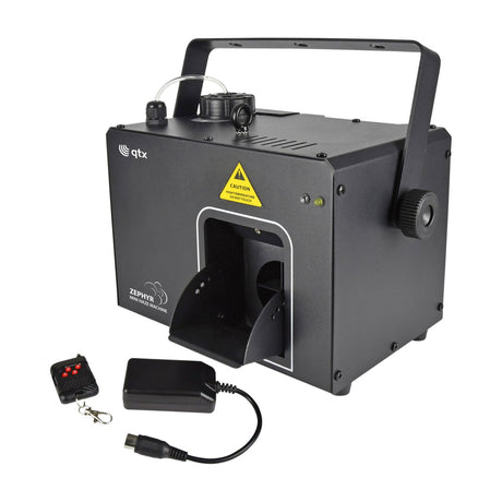 QTX Zephyr-500 compact 500W DMX haze machine in matte black metal housing with carry handle, caution label, wireless keyfob remote and IEC power adaptor.