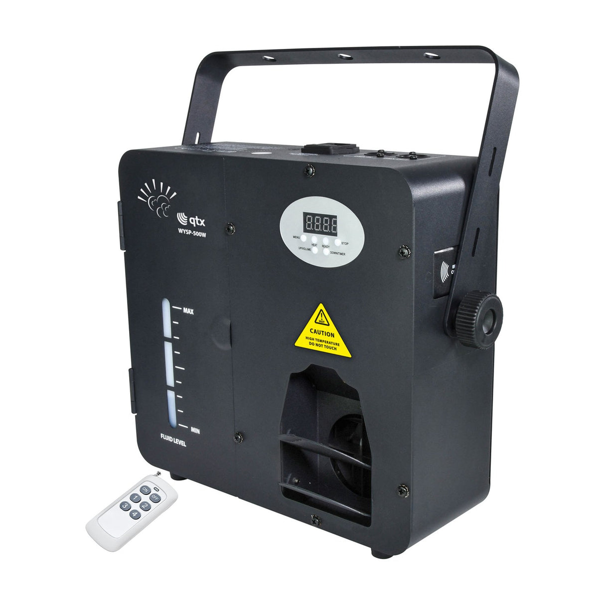 QTX WYSP-500W wall-mount 500W haze machine in matte black with adjustable bracket, digital display, fluid level gauge and white wireless remote.