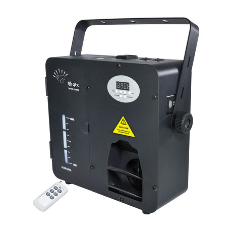 QTX WYSP-500W wall-mount 500W haze machine in matte black with adjustable bracket, digital display, fluid level gauge and white wireless remote.