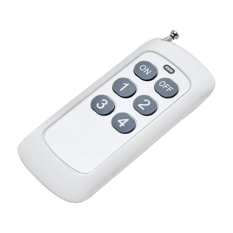 White handheld wireless remote for the QTX WYSP-500W haze machine with grey ON, OFF and numbered 1-4 buttons and a short antenna, on a plain background.
