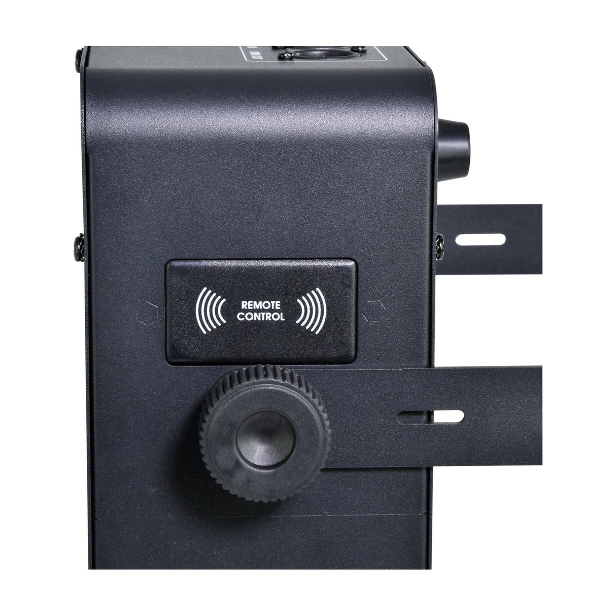 Close-up of the QTX WYSP-500W haze machine by AVSL showing the remote control sensor panel, adjustable bracket thumbscrew and matte black casing.