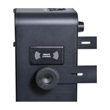 Close-up of the QTX WYSP-500W haze machine by AVSL showing the remote control sensor panel, adjustable bracket thumbscrew and matte black casing.