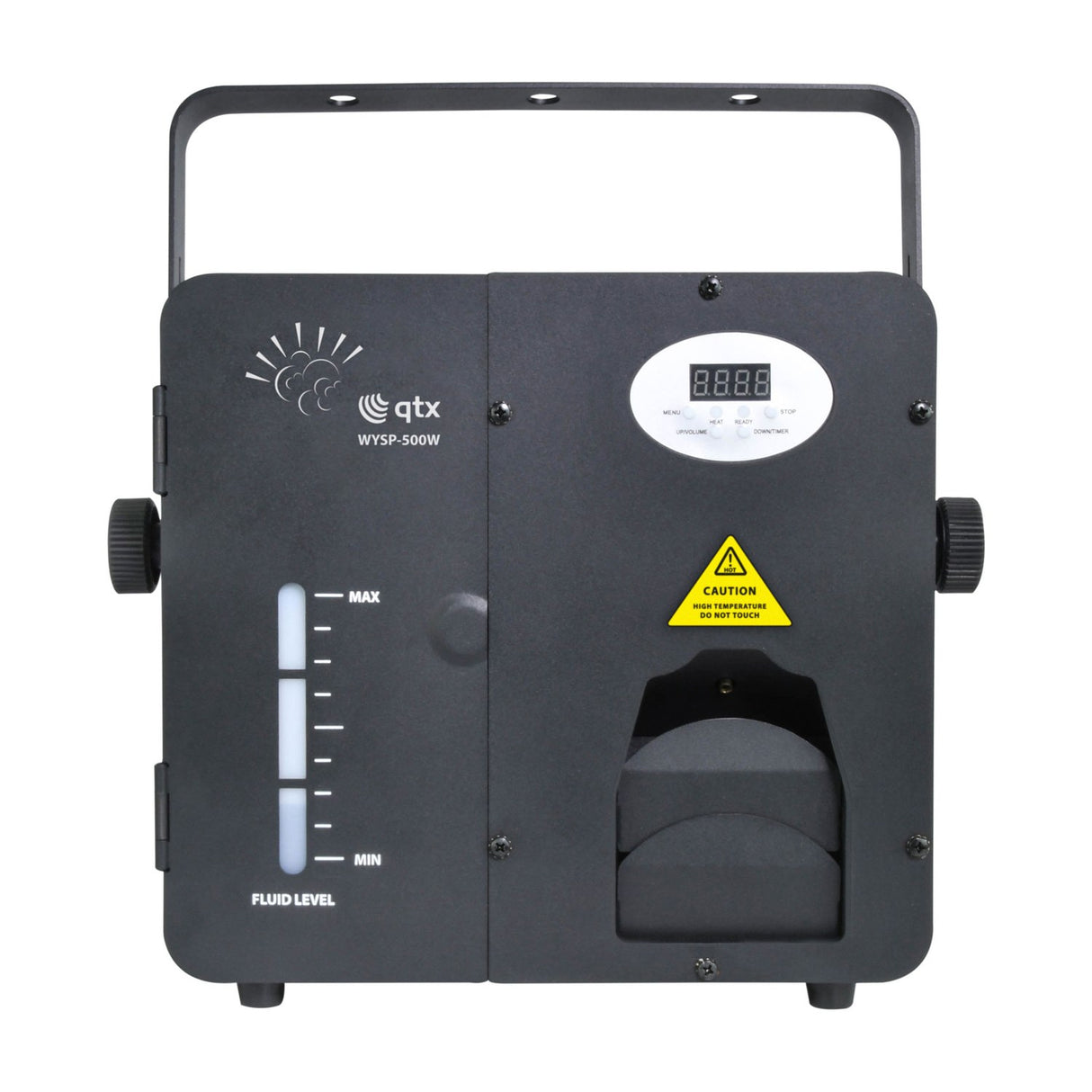 QTX WYSP-500W wall-mount 500W haze machine in matte black with hanging bracket, digital display, control buttons, fluid level gauge, and nozzle outlet.
