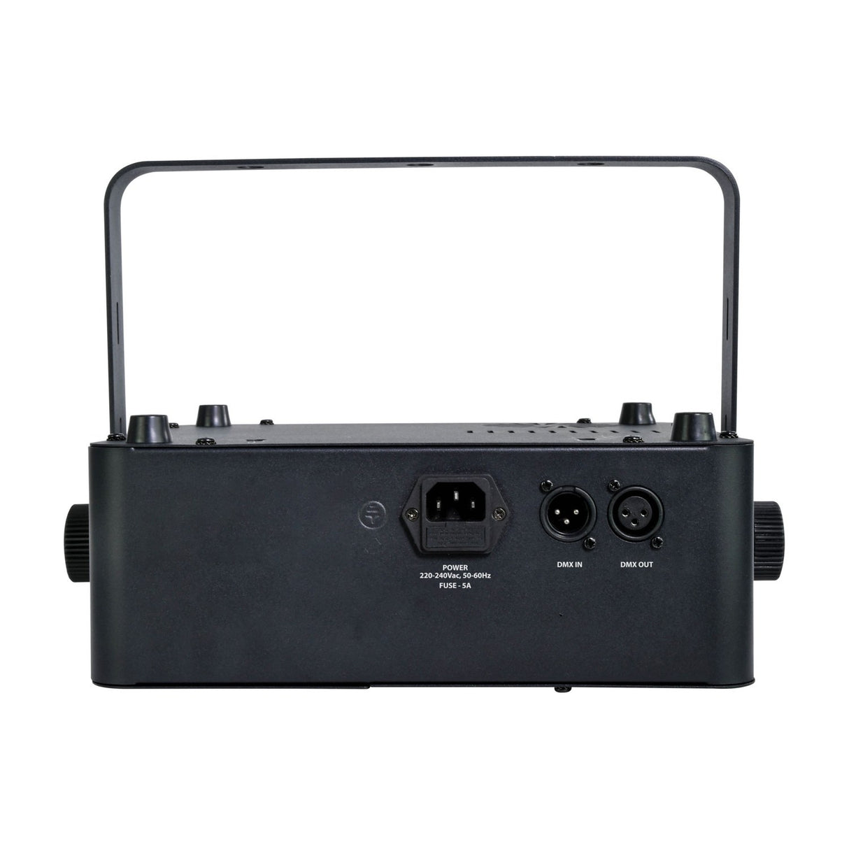 Rear view of the QTX WYSP-500W wall-mount haze machine showing IEC power inlet, DMX in and out ports, and hanging bracket on a white background.