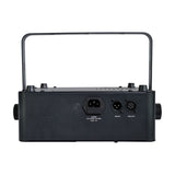 Rear view of the QTX WYSP-500W wall-mount haze machine showing IEC power inlet, DMX in and out ports, and hanging bracket on a white background.