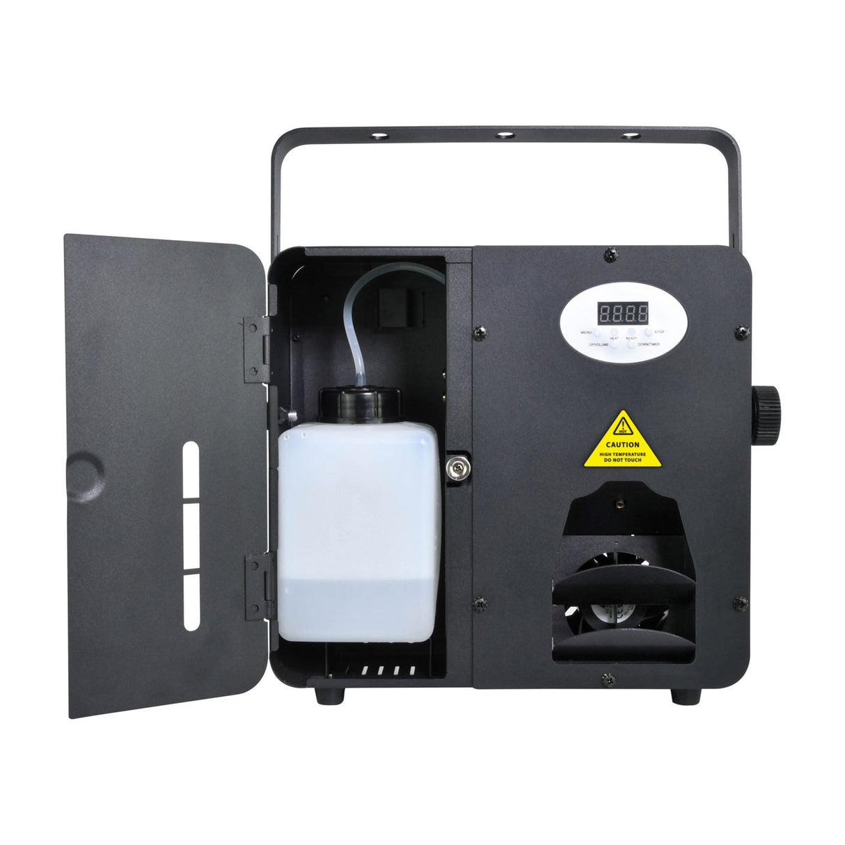 QTX WYSP-500W 500W wall-mount haze machine with open side door revealing fluid tank, digital display, control buttons and fan outlet on white background.