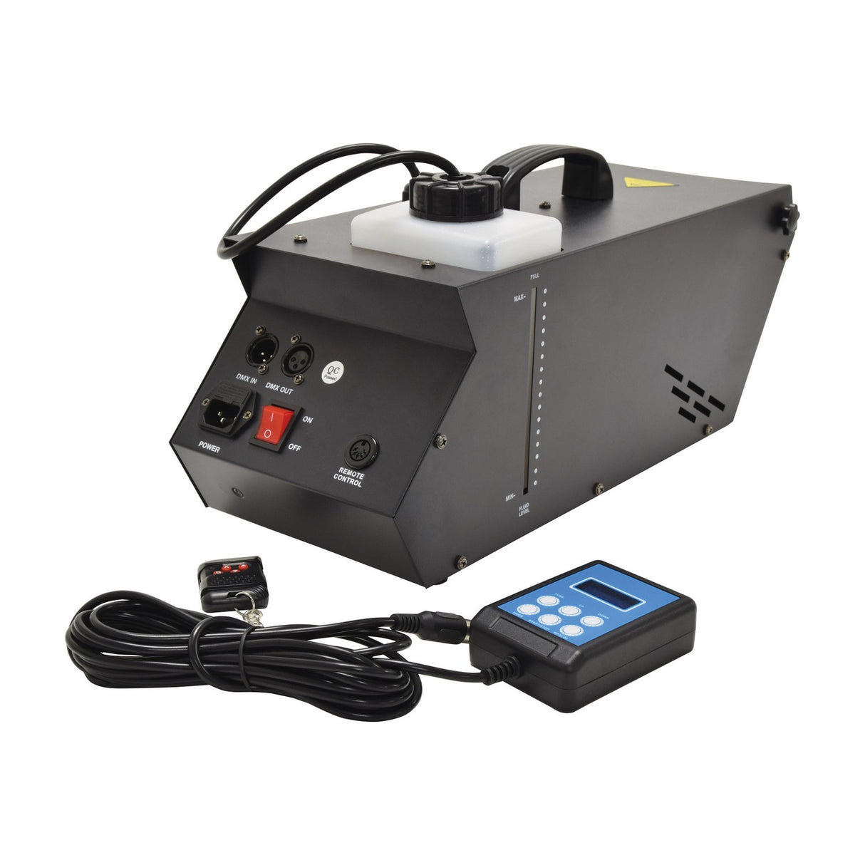QTX HZ-800 800W haze machine by AVSL in black metal casing with fluid tank, DMX ports, power switch, wired LCD controller and wireless keyfob remote.