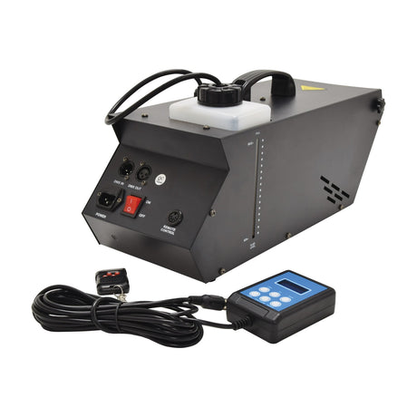 QTX HZ-800 800W haze machine by AVSL in black metal casing with fluid tank, DMX ports, power switch, wired LCD controller and wireless keyfob remote.