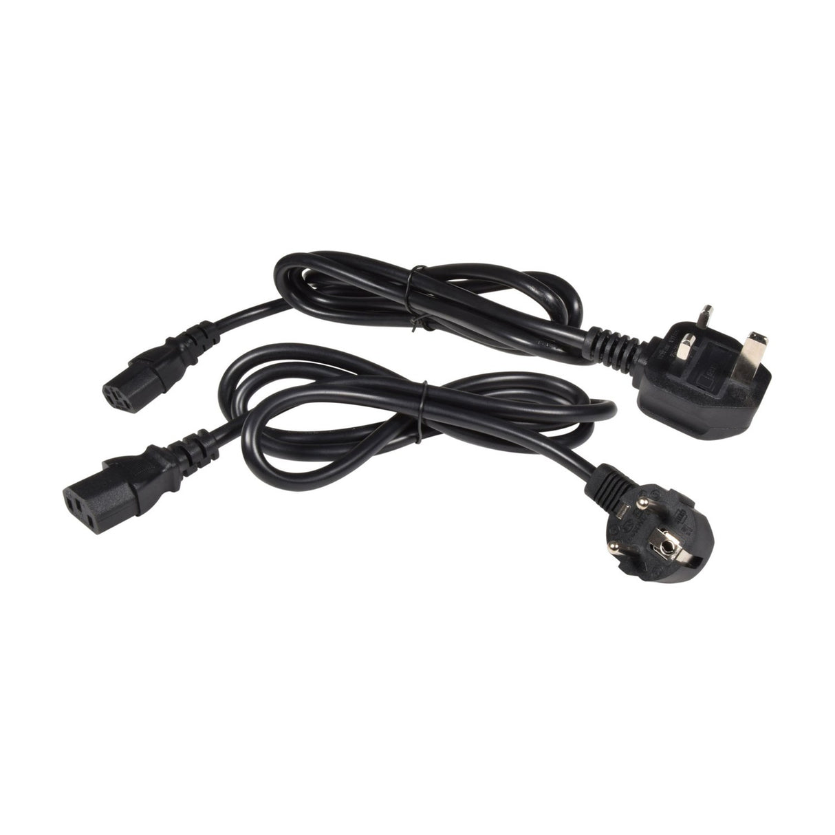 Two black power cables coiled with UK three-pin and European Schuko plugs, IEC connectors for the QTX HZ-800 haze machine, on white background.