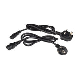 Two black power cables coiled with UK three-pin and European Schuko plugs, IEC connectors for the QTX HZ-800 haze machine, on white background.