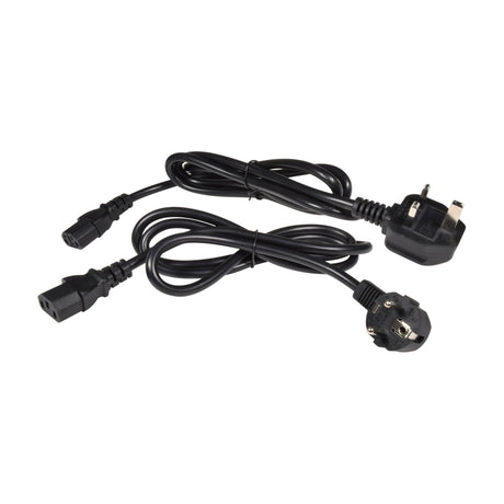 Two black power cables coiled with UK three-pin and European Schuko plugs, IEC connectors for the QTX HZ-800 haze machine, on white background.