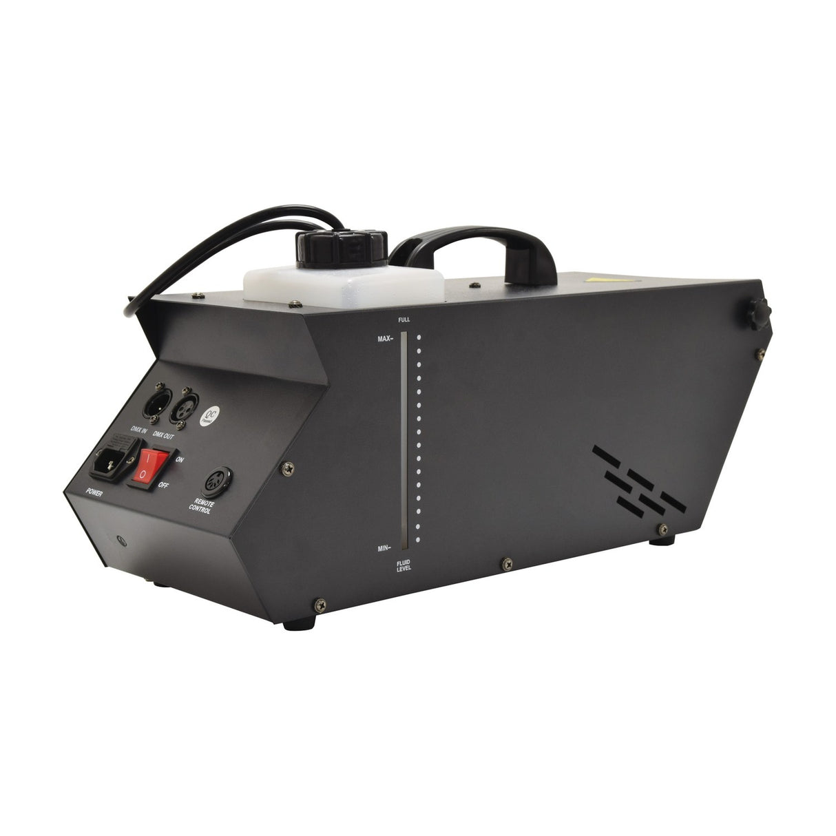 QTX HZ-800 800W haze machine by AVSL, black metal casing with fluid tank, power switch, DMX in/out, and remote control port on plain background.