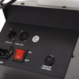 Close-up of the QTX HZ-800 haze machine rear panel by AVSL, showing DMX in and out XLRs, IEC power inlet, red on/off switch and remote control port.