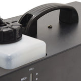 Close-up of the QTX HZ-800 haze machine by AVSL showing the black metal casing, carry handle, removable fluid tank with level window, and MAX/FULL indicators.