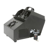 QTX Bubble Box high output bubble machine in matte black steel housing with 10-wand wheel, front fan grille, top handle, and wireless remote.