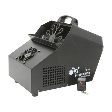 QTX Bubble Box high output bubble machine in matte black steel housing with 10-wand wheel, front fan grille, top handle, and wireless remote.