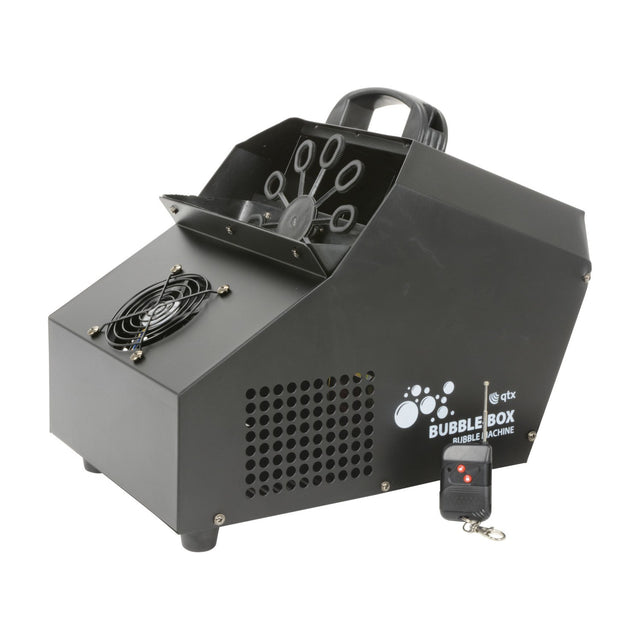 QTX Bubble Box high output bubble machine in matte black steel housing with 10-wand wheel, front fan grille, top handle, and wireless remote.