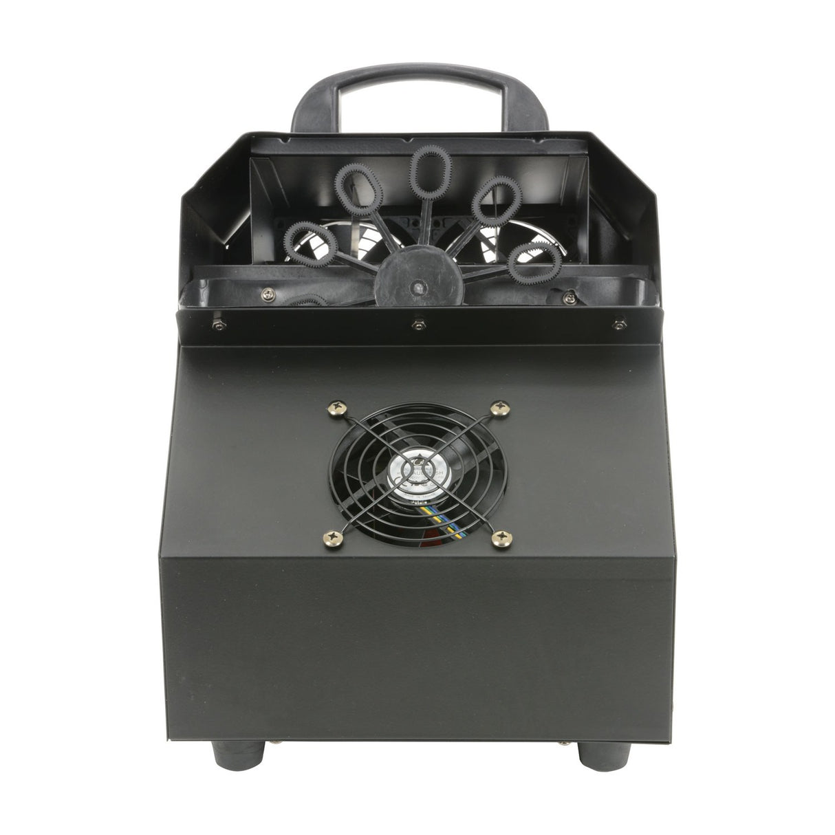 QTX Bubble Box high output bubble machine in black steel housing, front view showing fan grille, wand wheel, and top carry handle on a white background.